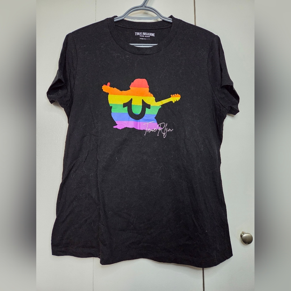 True Religion Women's XL Black Crewneck Tee with Rainbow Guitarist Graphic
